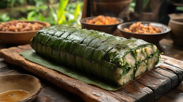 A Tongan lu pulu wrapped in taro leaves