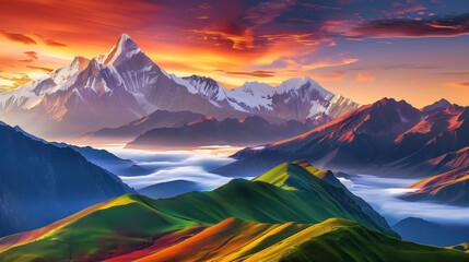 beautiful colorful mountains snow-capped peaks sunrise clouds valley detailed realistic vibrant landscape