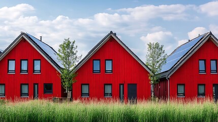 Obraz premium Eco-Friendly Red Houses with Solar Panels