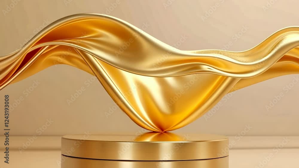 Poster an empty golden podium designed for product display features smooth, flowing shapes that create an e