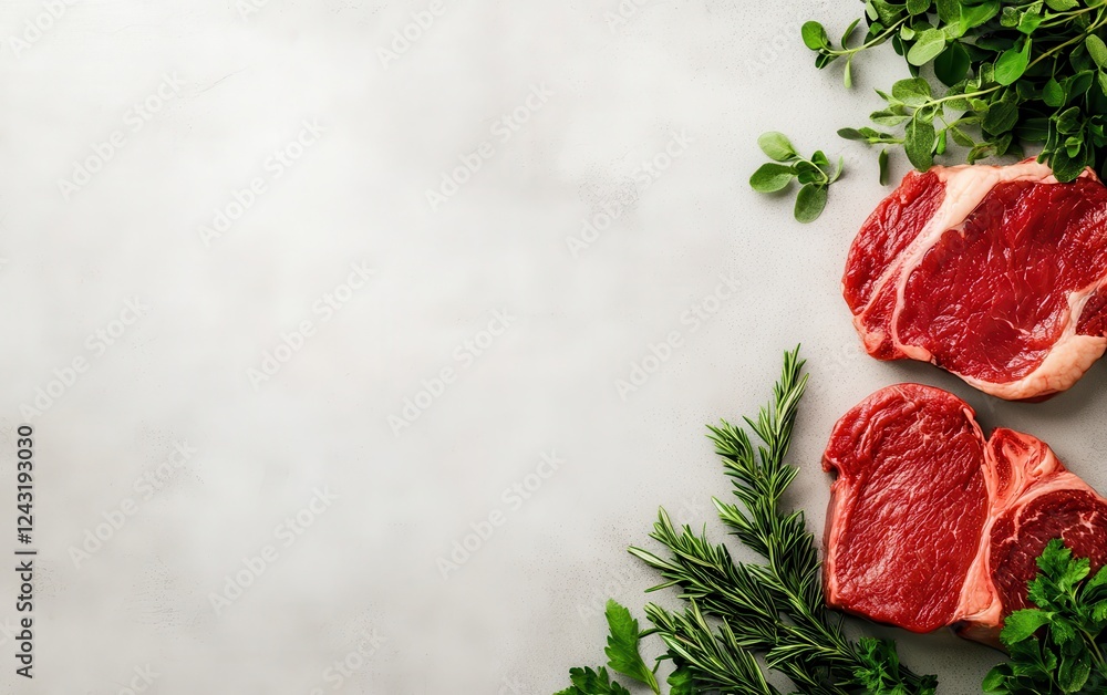 Wall mural Fresh raw beef steaks on a marble surface surrounded by aromatic herbs, perfect for gourmet cooking or healthy meals.