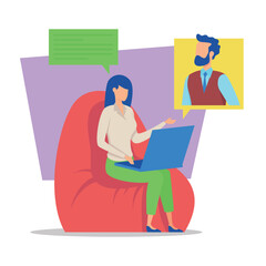 Two professionals engaged in virtual meeting. Woman sitting comfortably with laptop, while man appearing on screen. Effective communication and project planning concept