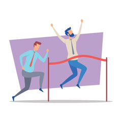 Two business professionals competing in race, with one leaping over finish line while other running closely behind. Success concept