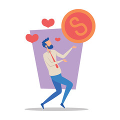 Motivated businessman joyfully balancing large coin while expressing excitement. Success in business concept