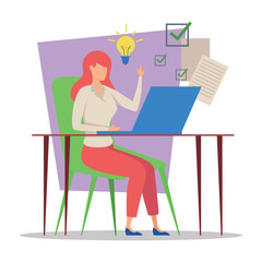 Businesswoman sitting at desk with laptop, raising finger in idea gesture. Checkmarks and notes in background. Productive brainstorming session concept