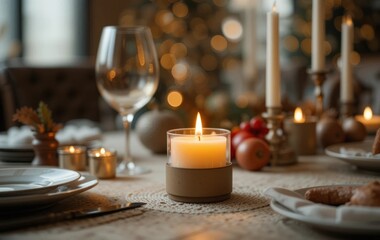 A white, minimalist candle holder with a lit soy candle inside, creating a warm and cozy atmosphere