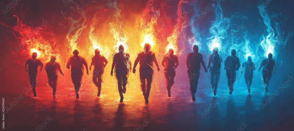 Poster silhouette of business people with colorful flame effect. company teamwork job. generative ai techno