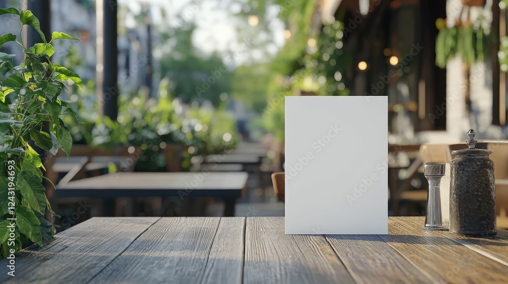 Poster blank menu board on table in cozy cafe with outdoor seating surrounded by greenery and soft lighting