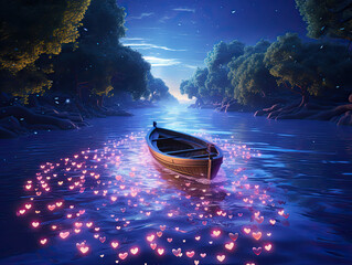 Enchanted River at Night: A Lonely Boat Adrift Among Glowing Hearts