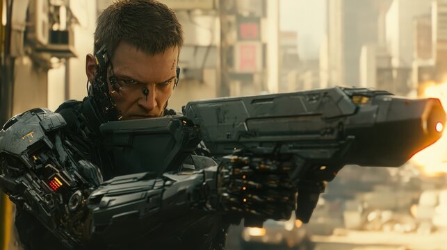 Cybernetic Law Enforcer: Futuristic Officer with Advanced Weaponry on Duty