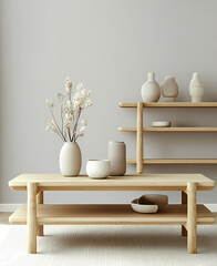 Scandinavian interior design of a modern living room with a light blue sofa, wooden coffee table, and shelving unit in a pastel-colored background