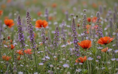 Obraz premium A meadow filled with purple and red wildflowers