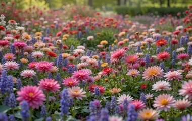 Obraz premium A vibrant garden filled with different types of colorful flowers