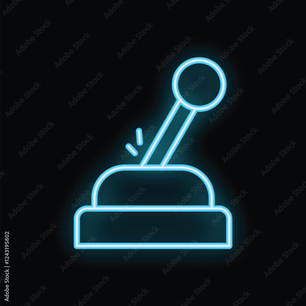 Poster blue neon icon of a lever switching on a button with sparkles on black background