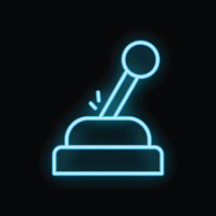 Blue neon icon of a lever switching on a button with sparkles on black background