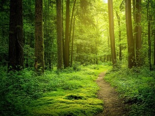 Obraz premium Moss-covered trail in a dense forest surrounded by tall trees 