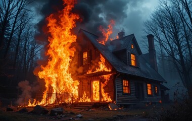 Obraz premium A house engulfed in flames with smoke rising into the sky