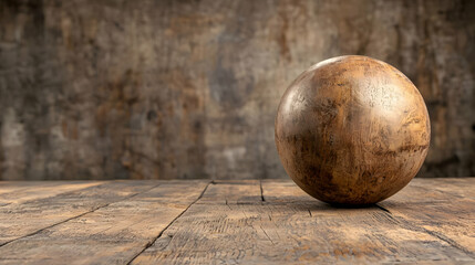 Wooden sphere on rustic table, grunge background.  Decorative, still life