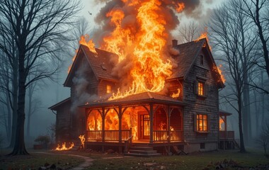 A house engulfed in flames with smoke rising into the sky