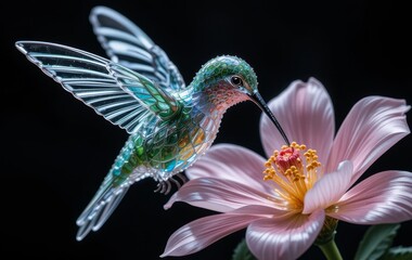 Fototapeta premium A hyper-realistic glass hummingbird drinking from a pink flower with dramatic lighting