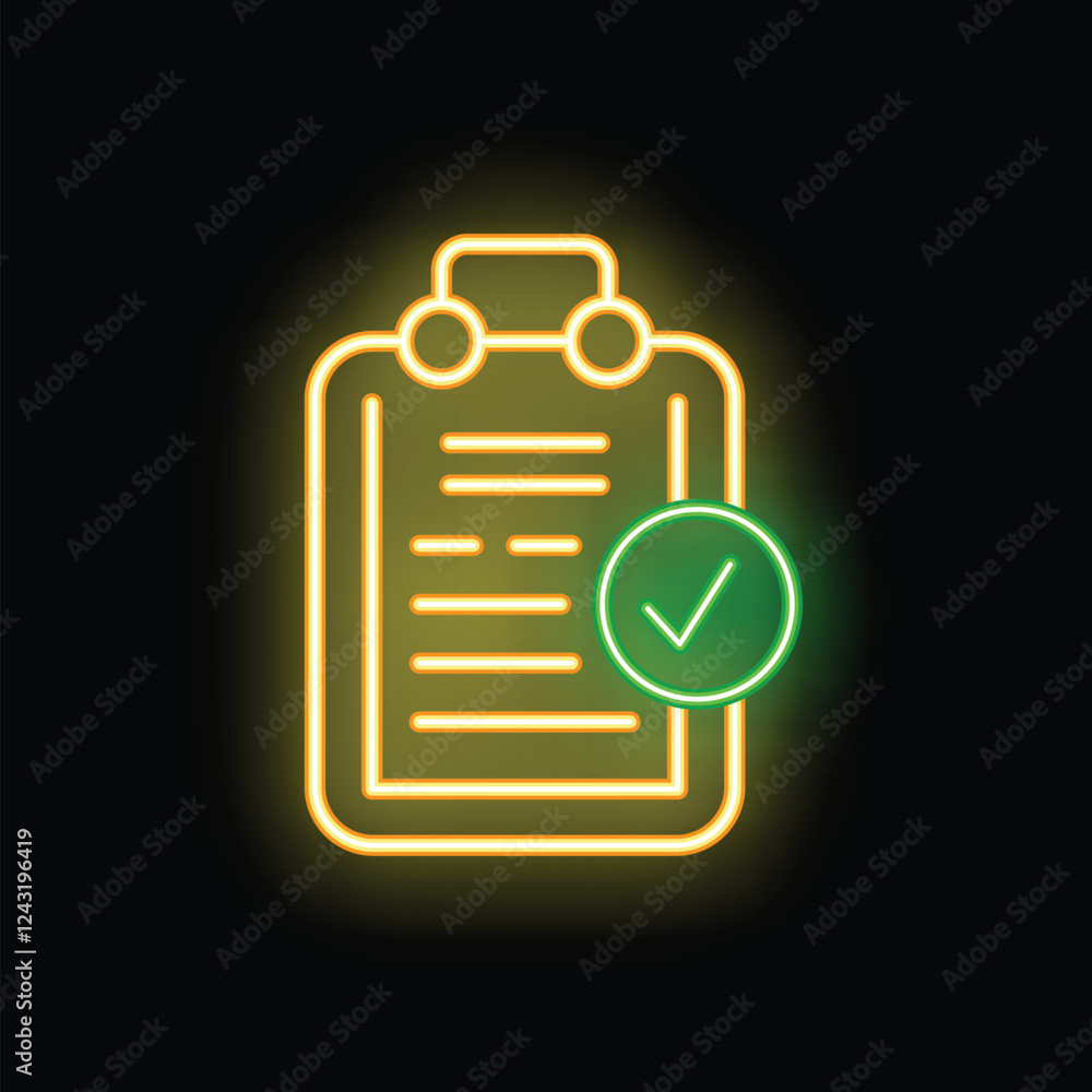 Poster glowing neon sign showing a clipboard with a checkmark, representing a completed task or successful 