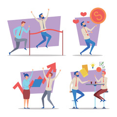 Creative collection of different aspects of business success, highlighting teamwork, growth, achievements, and financial rewards in colorful setting