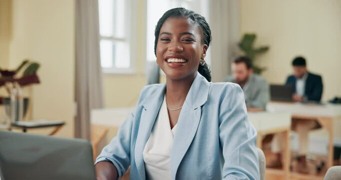 Face, happy and woman with laptop, office and copywriter with information for ad company and online. Laughing, employee and creative writer with smile for target audience, article and business people