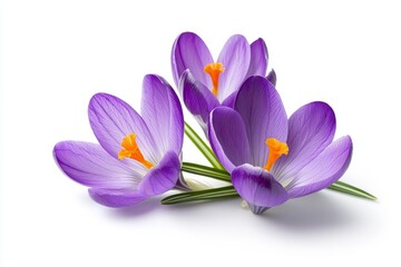 Purple crocus flowers, spring bloom, white background, isolated, floral design