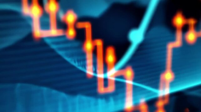 Abstract digital financial graph with glowing blue lines and data points representing stock market trends.
