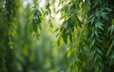 A close-up of green leaves from a willow tree, with sunlight shining through them.