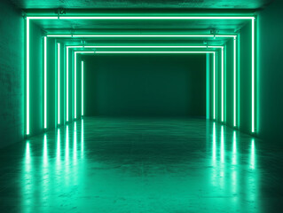 An empty dark room with green fluorescent neon lights creates a stage-like atmosphere, perfect for a scene or night club party concept, with ample space for text or product display
