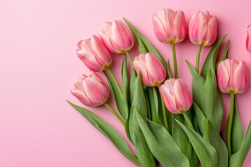 Pink tulips bouquet, pastel background, spring, floral design, greeting card