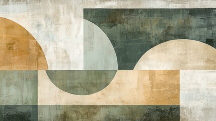 Modern abstract painting with geometric shapes in earthy green, beige, and ochre tones. A textured, minimalist composition for contemporary decor. AI generative.