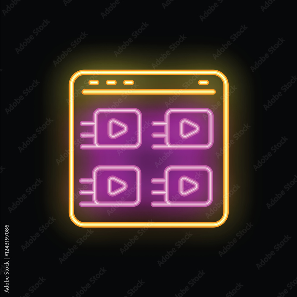 Poster Neon sign representing a video platform website interface with four play buttons displaying streaming content