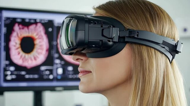 Woman using virtual reality headset for eye examination at advanced medical facility