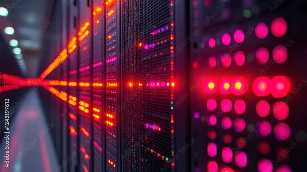Aufkleber close-up view of illuminated server racks in a data center, showcasing vibrant lights and technology