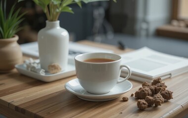A wooden table with a cup of tea and cozy home decor items