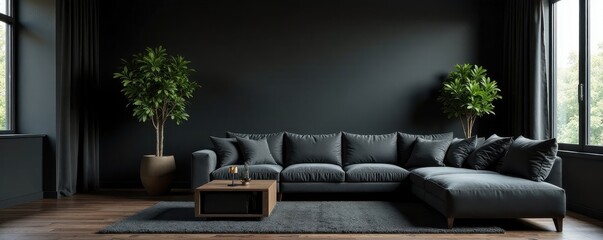 Black feature wall, low light, dark furnishings, dim, architecture, dramatic lighting