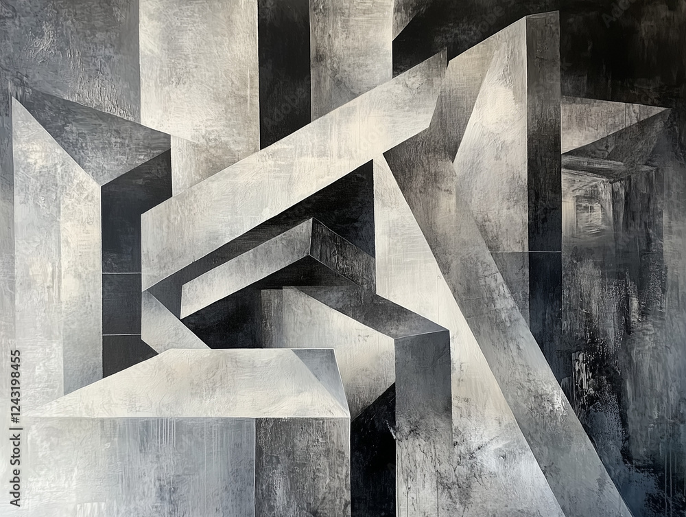 Poster abstract geometric painting in shades of gray and black, featuring intersecting lines and planes cre