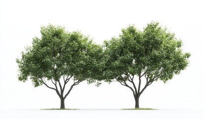 Two lush trees, isolated, white background, landscaping design