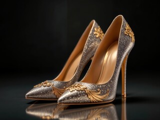 Gray pearlescent high-heeled shoes adorned with golden patterns in an elegant, luxurious style