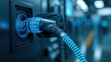 A close-up of a glowing blue power connector plugged into a dark socket, representing technology and connectivity in a modern environment.