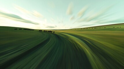 Fototapeta premium Rural road speed, grassland, herd, sunset, travel photography