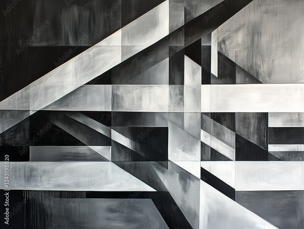 Poster abstract geometric painting in shades of gray and black, featuring intersecting lines and planes cre