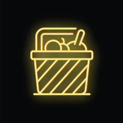 Neon icon of picnic basket full of food glowing on dark background