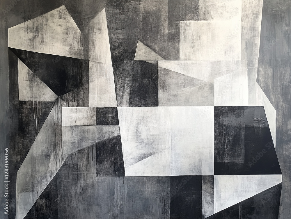 Poster abstract geometric painting in shades of gray and black, featuring intersecting lines and planes cre