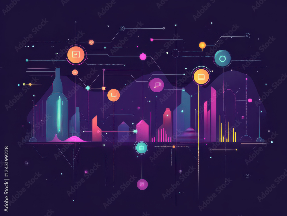 Poster digital illustration of abstract data visualization with vibrant colors, geometric shapes, and inter