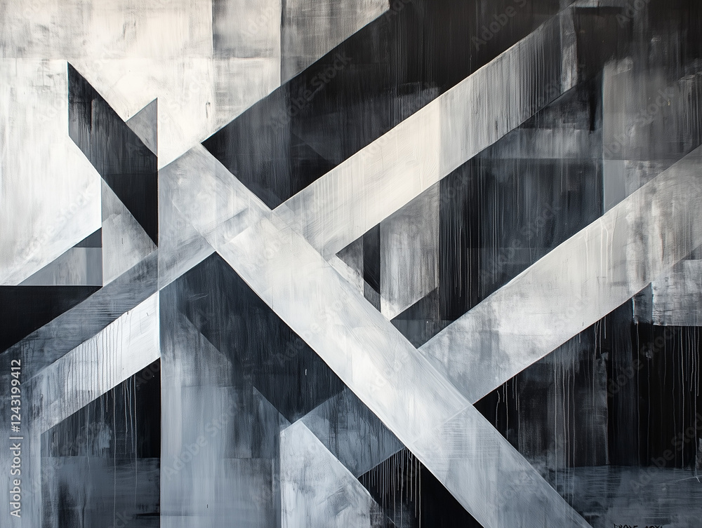 Poster abstract geometric painting in shades of gray and black, featuring intersecting lines and planes cre