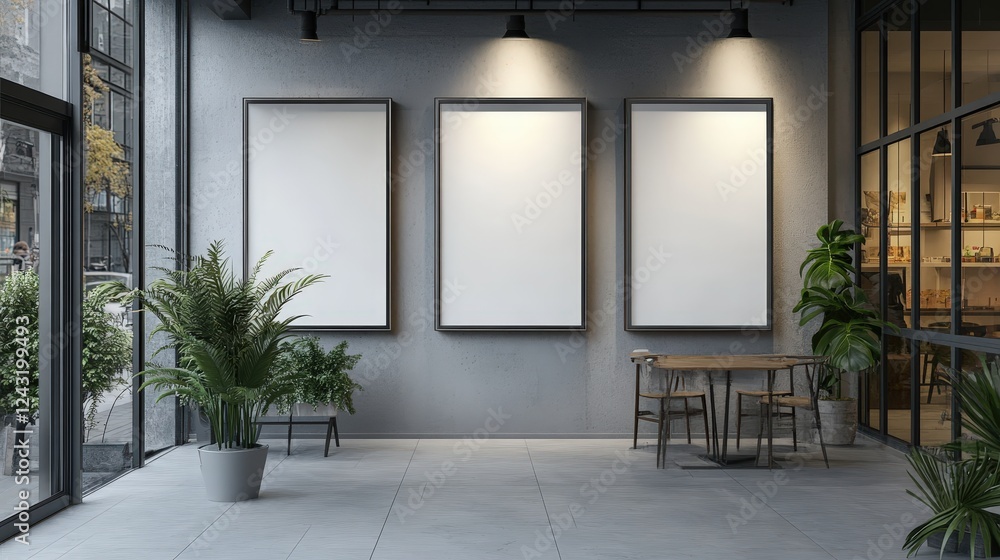 Poster modern empty store interior with three blank frames and green plants for signage or artwork display 