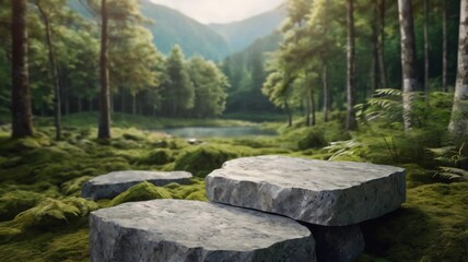Stone podium on rock platform 3d illustration, grey rock pedestal for a product display stand, green forest and blurred on the background, natural scenery landscape.